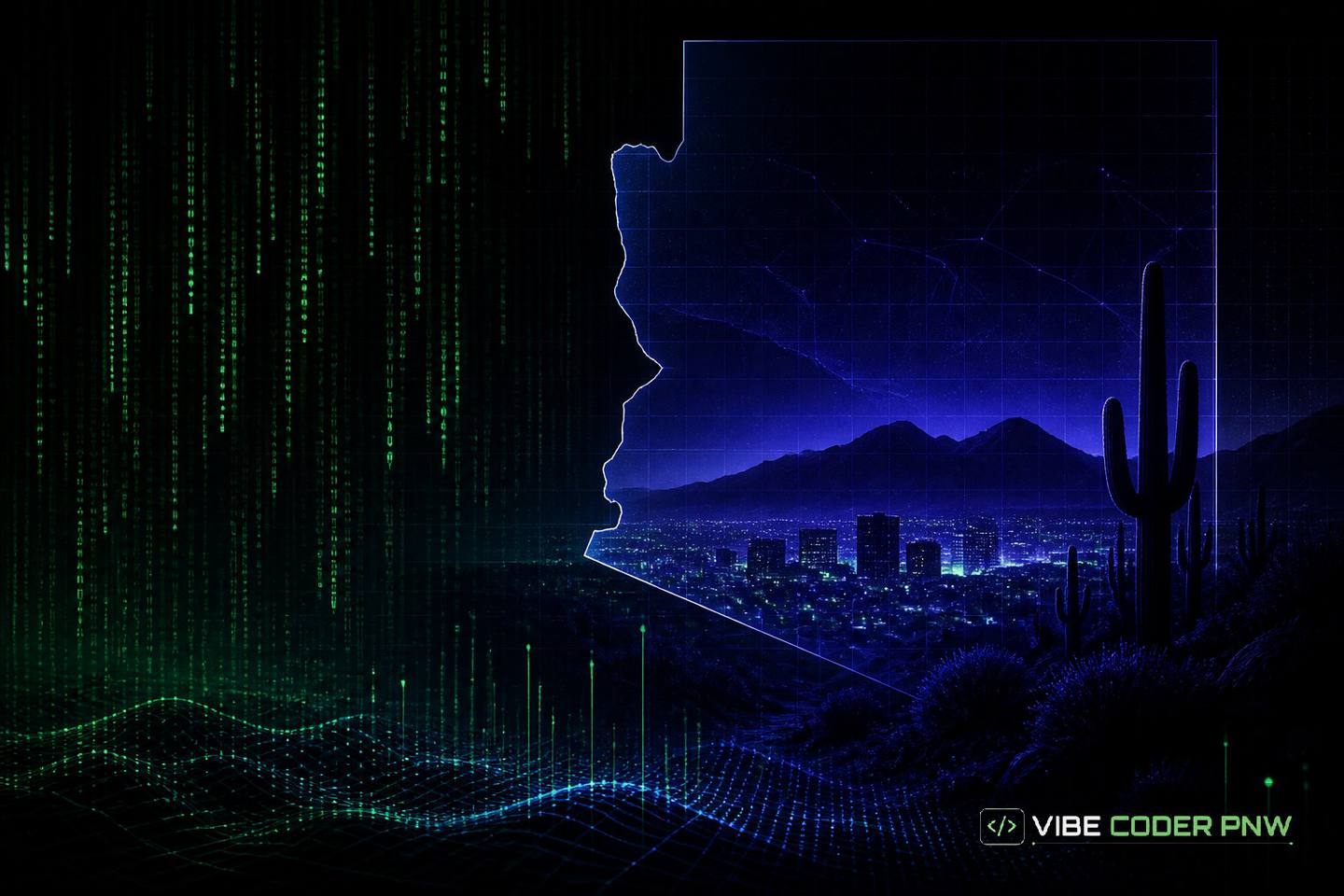 A dark green terminal background with glowing code lines overlaying an abstract geometric silhouette inspired by the Tucson desert landscape.
