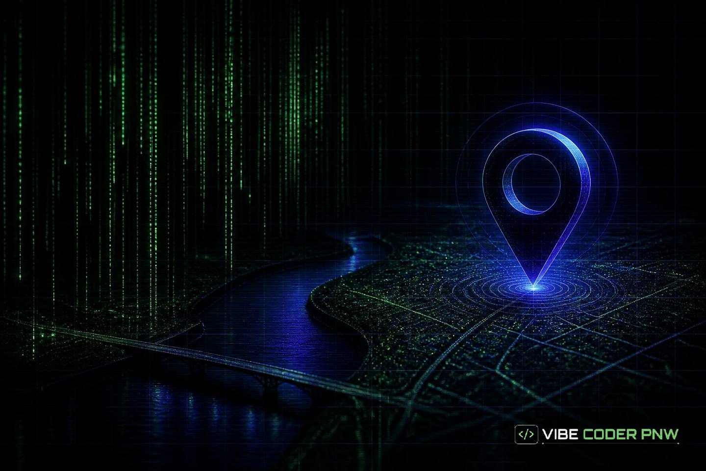 A dark green terminal screen displaying abstract code lines overlaying a geometric map vector of Williamsport, Pennsylvania.